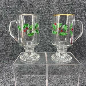 Lenox Holiday Dimension Glass Irish Coffee Mugs - Set Of 2 -Holly & Berries